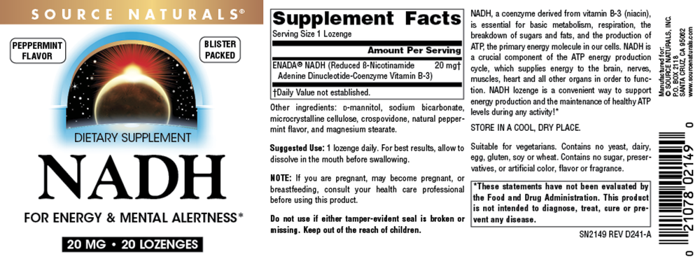 Product image for NADH Peppermint 20mg Lozenges.