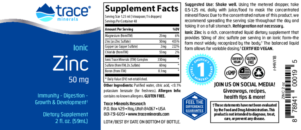 Product image for Liquid Ionic Zinc 50mg.