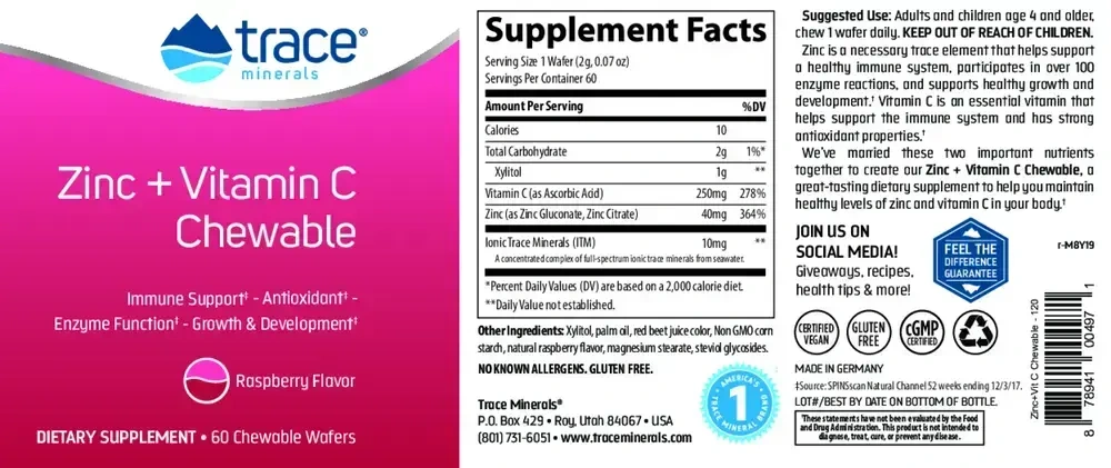 Product image for Zinc + Vitamin C Chewable - Raspberry.