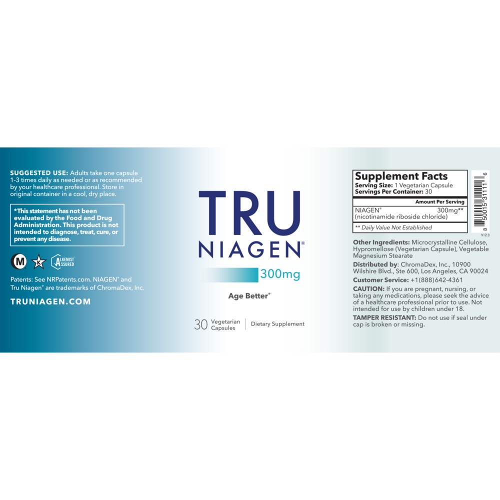 Product image for TRU NIAGEN 300mg Nicotinamide Riboside Chloride.