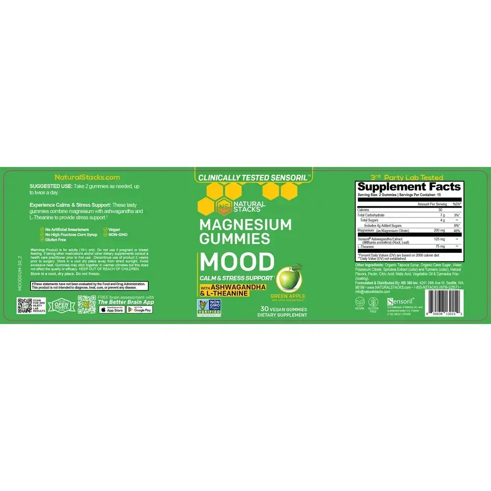 Product image for Mood Magnesium Gummies with Ashwagandha &amp; L-Theanine, Green Apple.