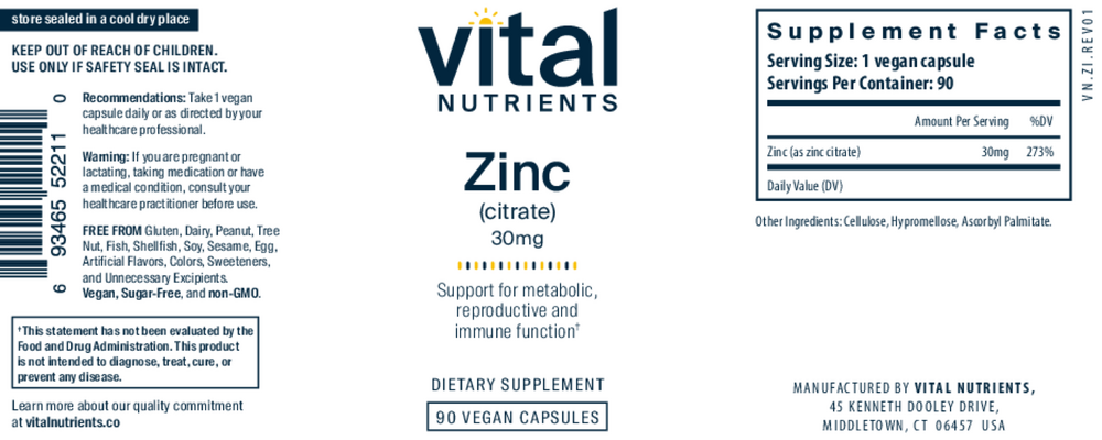 Product image for Zinc (Citrate) 30mg 90c.