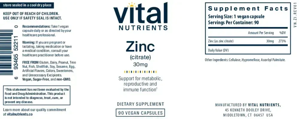 Product image for Zinc (Citrate) 30mg 90c.
