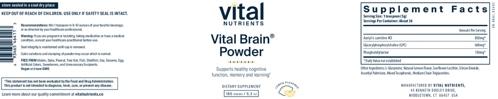 Product image for Vital Brain® Powder with GPC, ALC, and PS, Lemon Flavor.