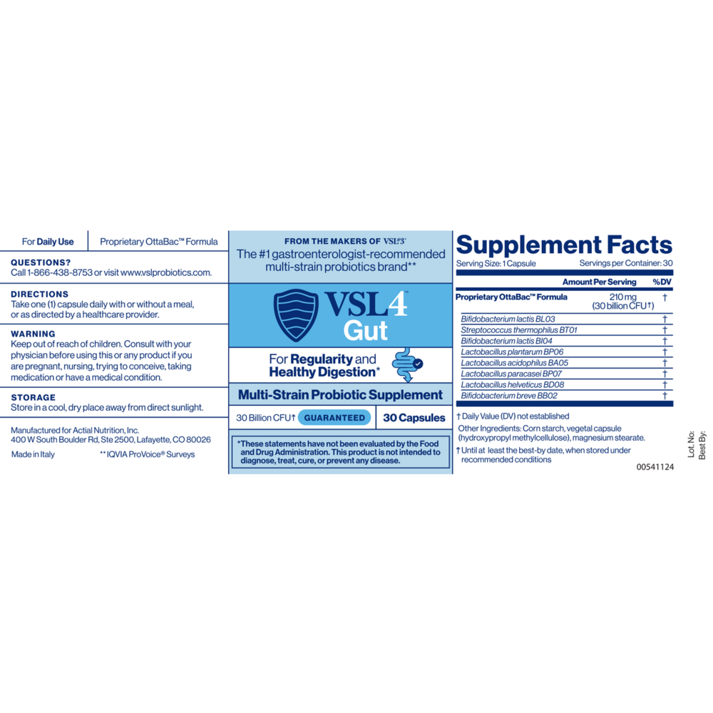 Product image for VSL4™ Gut Multi-Strain Probiotic 30 Billion CFU 30 Capsules.