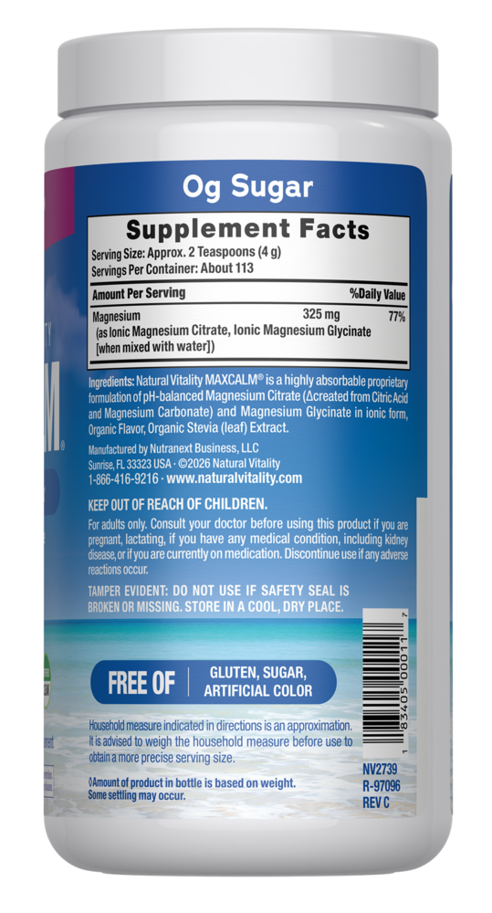Product image for Natural Vitality MAX CALM Magnesium Citrate + Glycinate Raspberry Lemon.