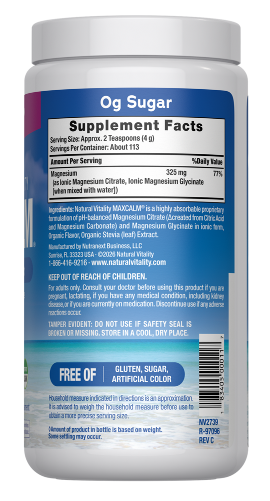 Product image for Natural Vitality MAX CALM Magnesium Citrate + Glycinate Raspberry Lemon.