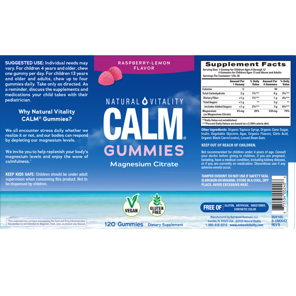 Product image for Natural Vitality MAX CALM Magnesium Citrate + Glycinate Gummies Raspberry Lemon.