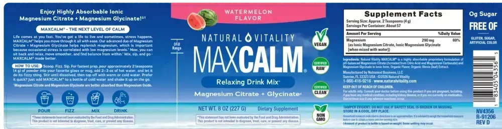 Product image for MAXCALM™ Relaxing Drink Mix, Magnesium Citrate + Glycinate, Watermelon.