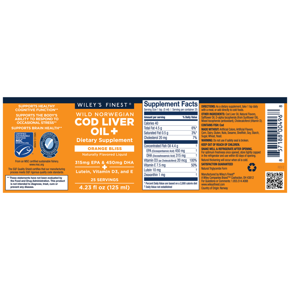 Product image for Wild Norwegian Cod Liver Oil+, Orange Bliss Flavor.
