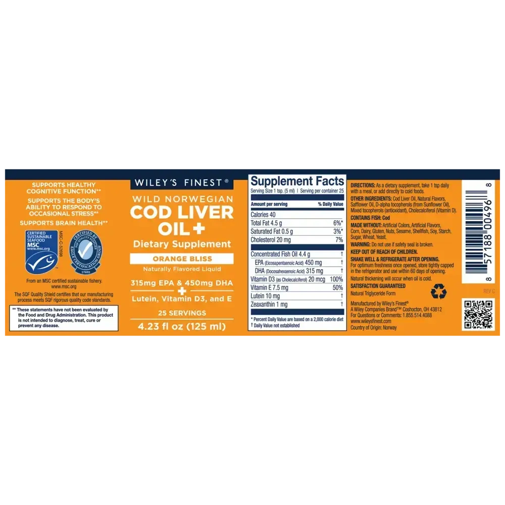 Product image for Wild Norwegian Cod Liver Oil+, Orange Bliss Flavor.