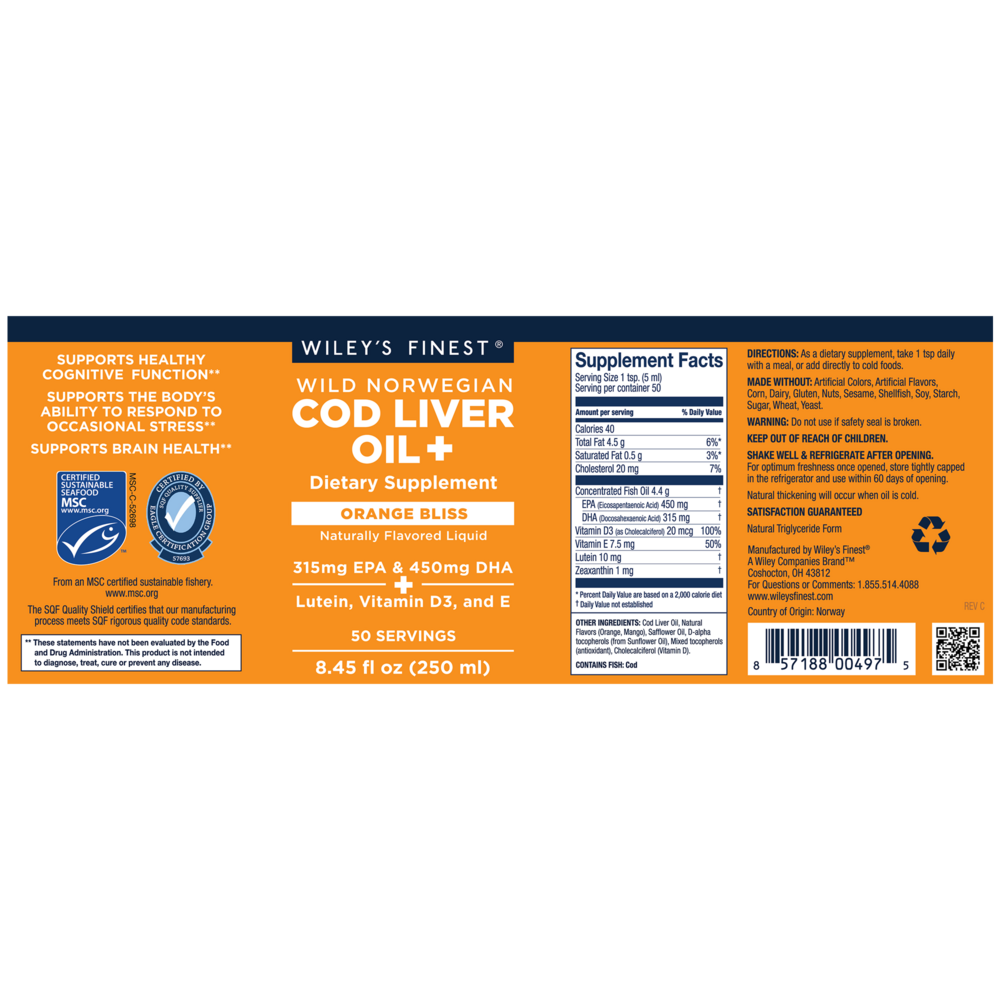 Product image for Wild Norwegian Cod Liver Oil+, Orange Bliss Flavor.