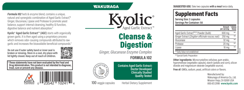 Product image for Kyolic Aged Garlic Extract Formula 102 - Candida Cleanse &amp; Digestion.