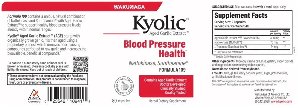 Product image for Kyolic Aged Garlic Extract Formula 109 - Blood Pressure Health.