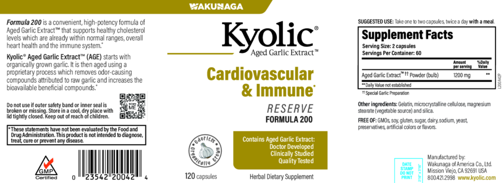 Product image for Kyolic Aged Garlic Extract Formula 200 - Cardiovascular &amp; Immune, Reserve.