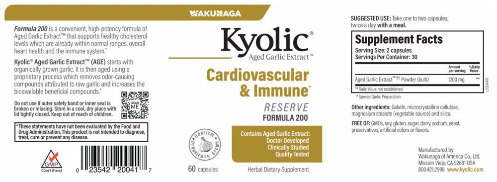 Product image for Kyolic Aged Garlic Extract Formula 200 - Cardiovascular &amp; Immune, Reserve.