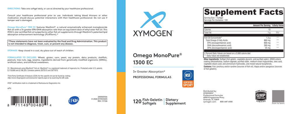 Product image for Omega MonoPure 1300 EC Fish Oil.