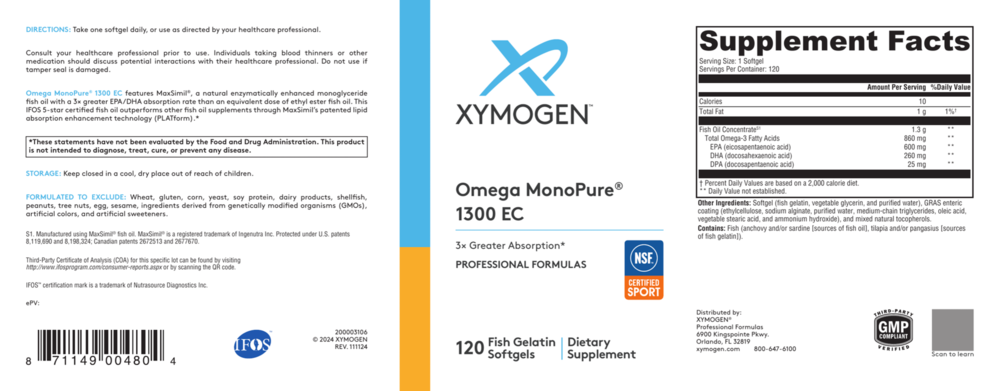 Product image for Omega MonoPure 1300 EC (Fish Oil).