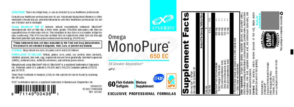 Product image for Omega MonoPure 650 EC Fish Oil.