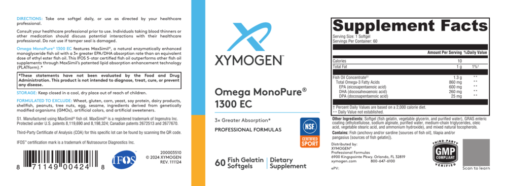 Product image for Omega MonoPure 1300 EC (Fish Oil).